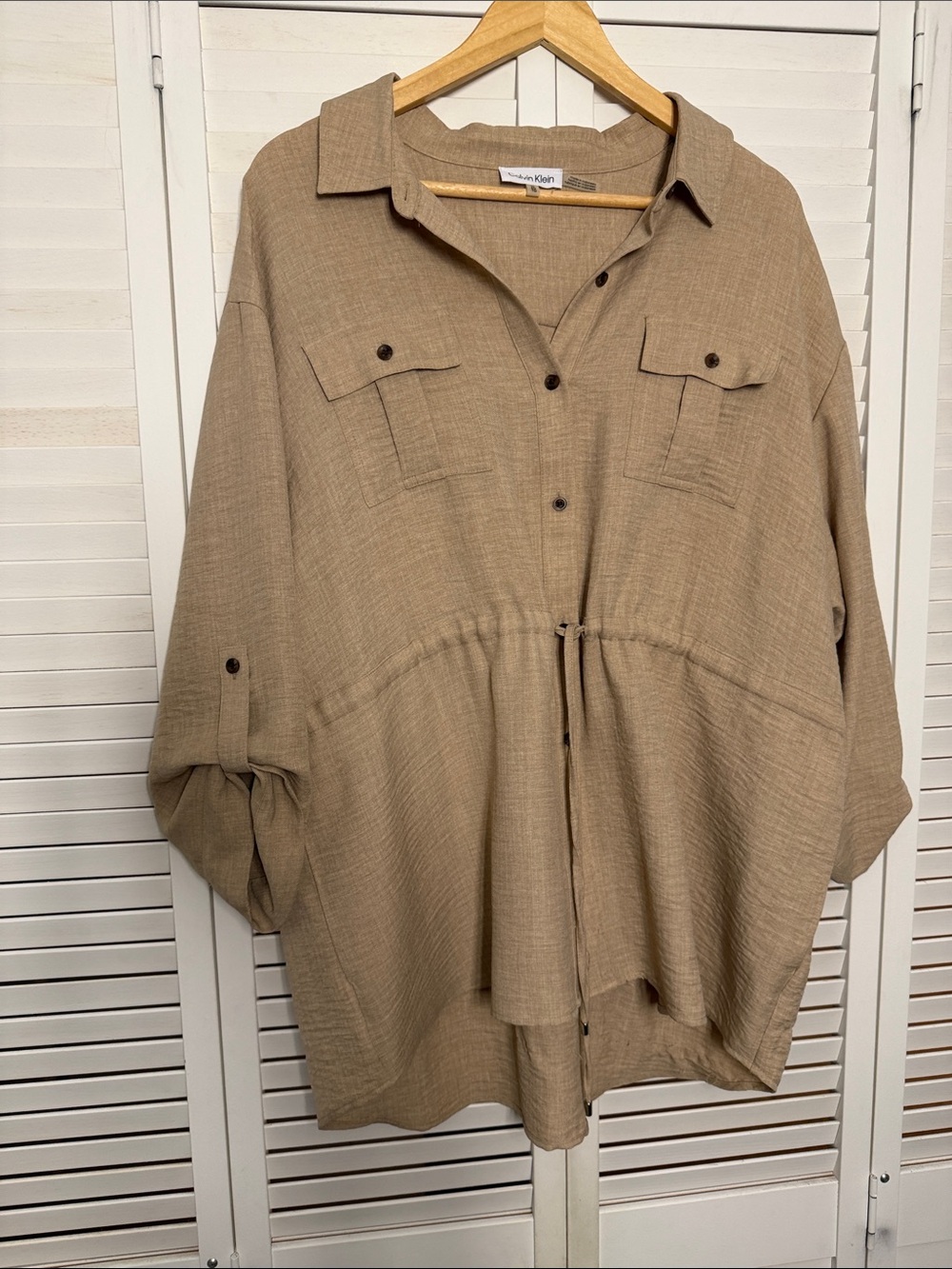 Calvin Klein Taupe Button-Front Drawstring Utility Shirt